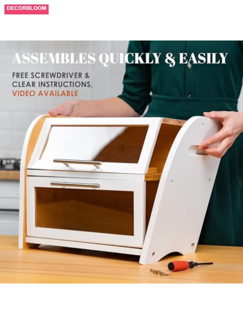 Large Bamboo 2-Tier Bread Box with Acrylic Windows for Kitchen Counter